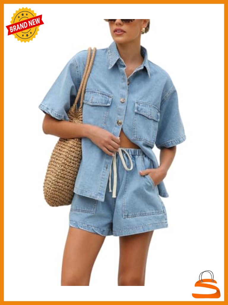 Denim Short Sleeve Button Down Shirt & Wide Leg Shorts Set